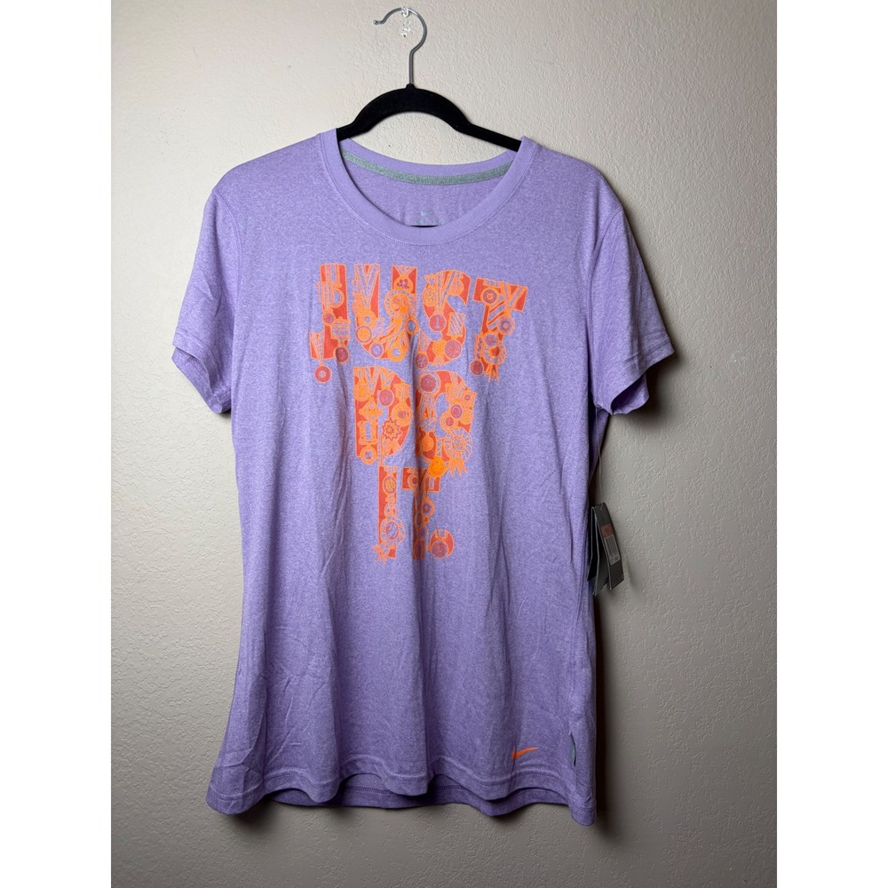 Nike Dri-FIT Womens L Purple Graphic T-Shirt Orange Just Do It Short Sleeve NWT